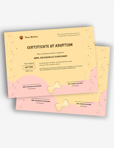 Pet Certificate of Adoption